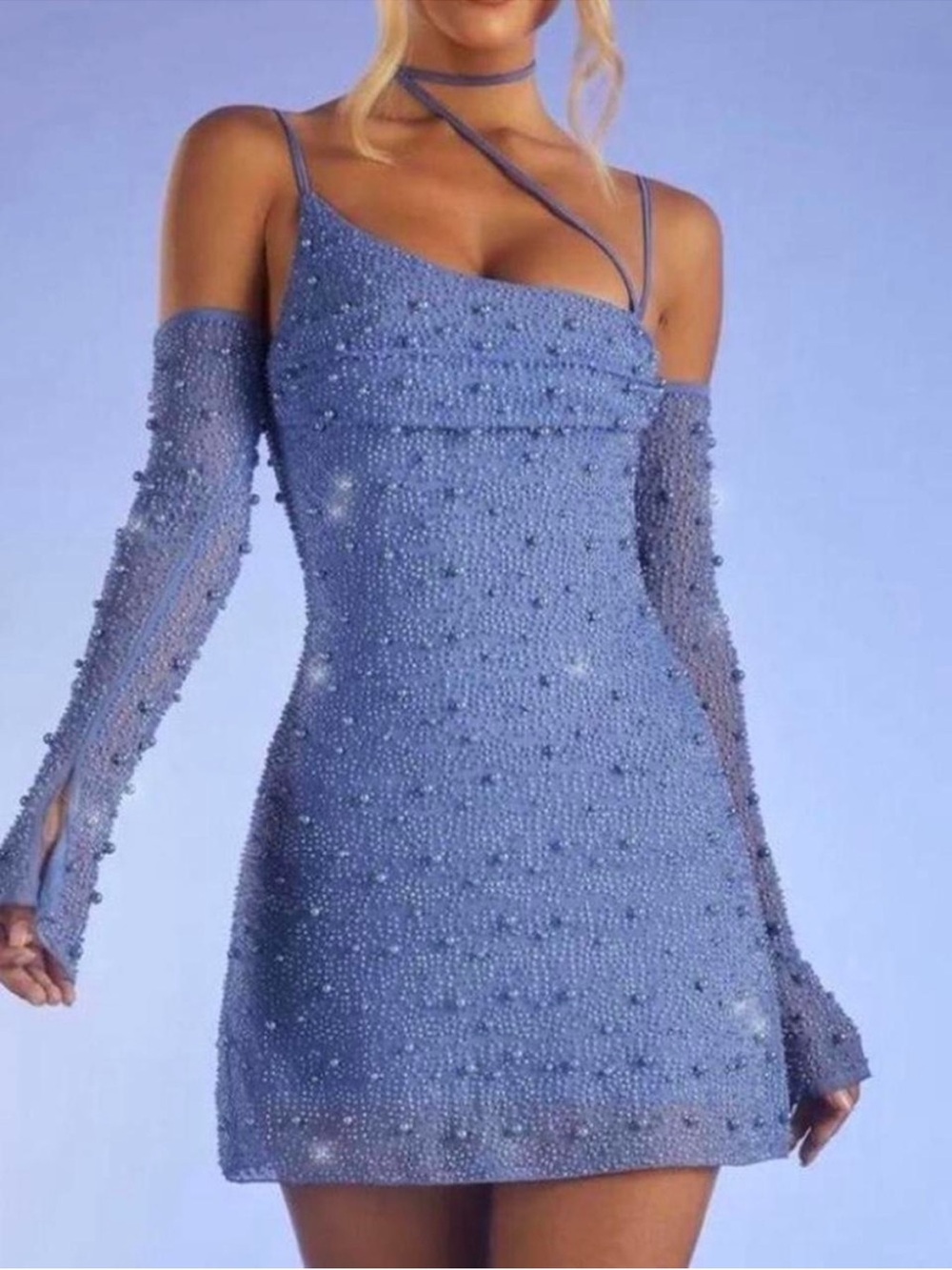 Oh Polly Lilac Beaded Mini Dress with Detachable Arm Sleeves